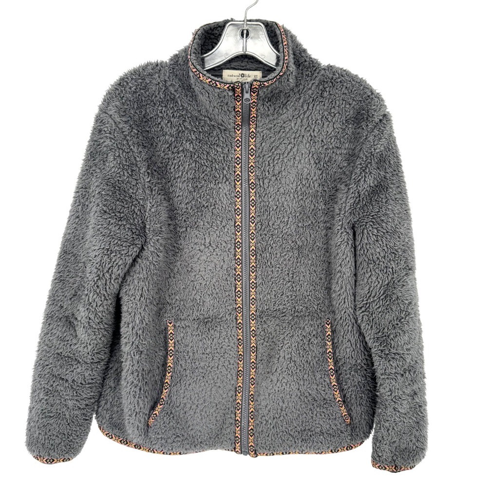 Natural Life Sherpa Boho Trim Full Zip Jacket Grey Size XS Comfy Cozy Outdoor